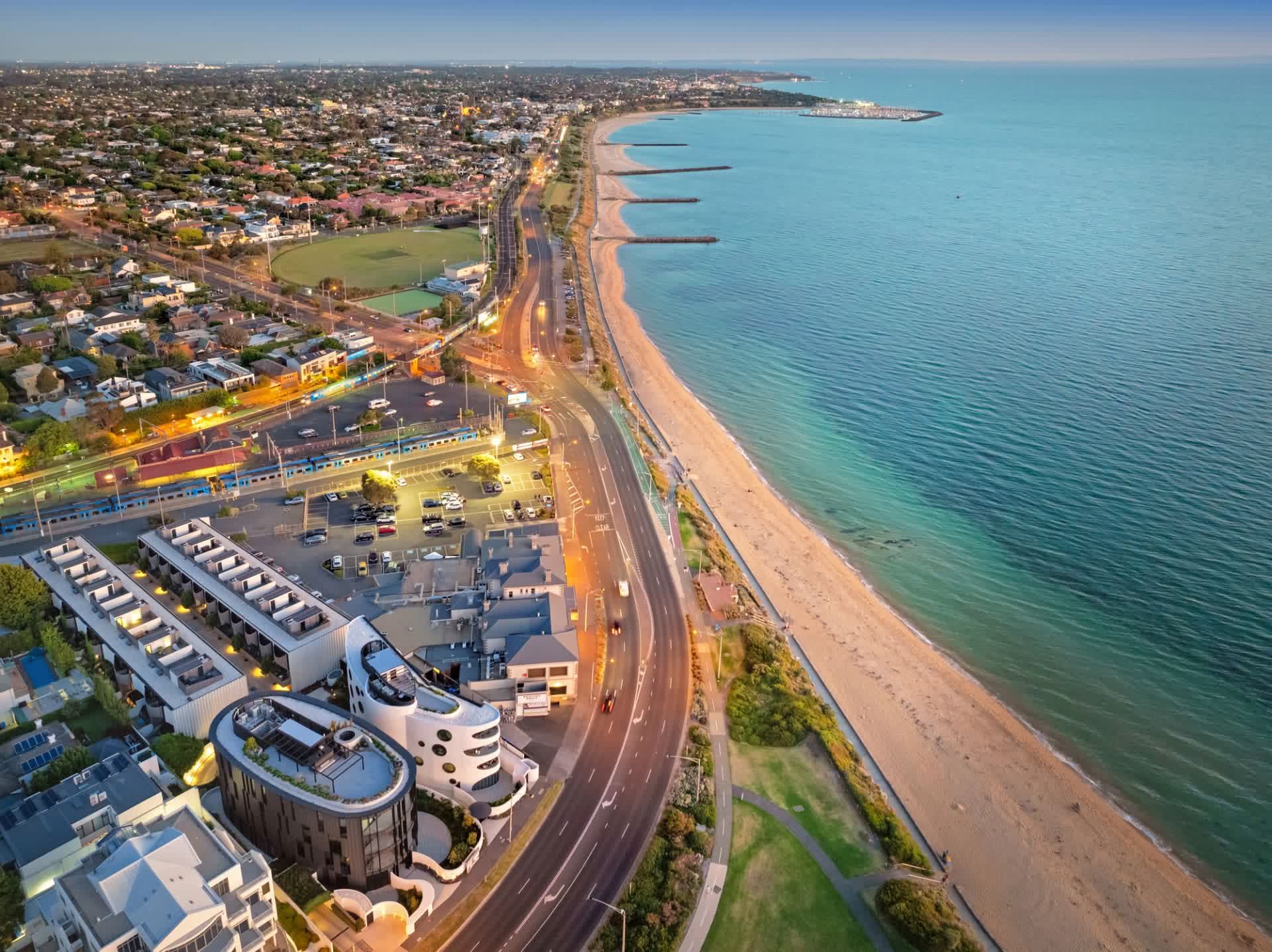 The Esplanade at dusk from the air