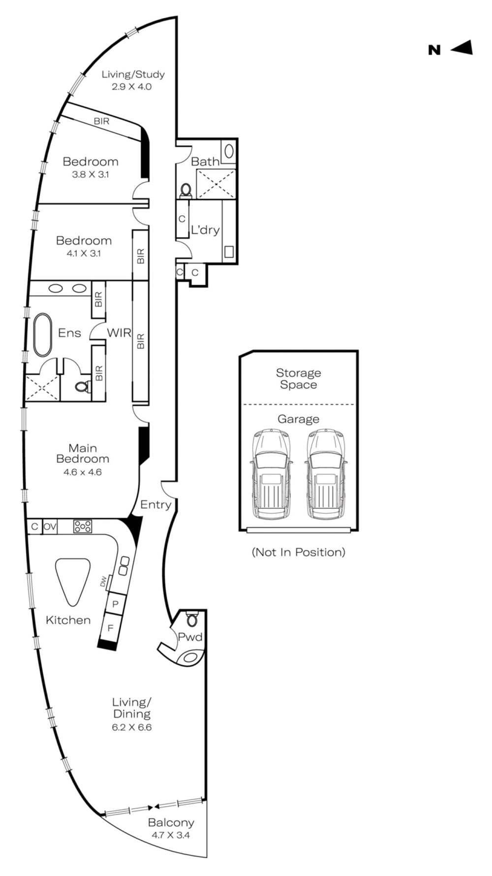 Floor plan: a crescent-shaped apartment with the balcony and living at one end and the study at the other